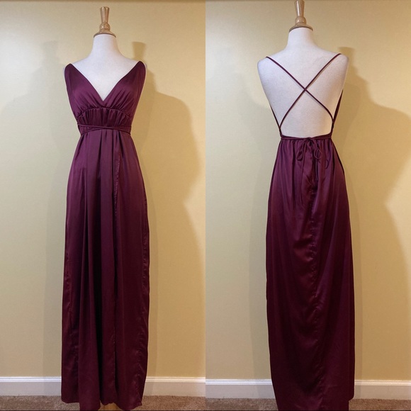 Sexy Backless Strappy Silky Tie Waist Maxi Dress Burgundy - Picture 7 of 7